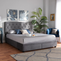 Baxton Studio Caronia-Grey-Queen Caronia Modern and Contemporary Grey Velvet Fabric Upholstered 2-Drawer Queen Size Platform Storage Bed